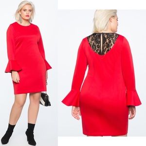 Eloquii Flare Sleeve Dress Lace Back Red Black 18